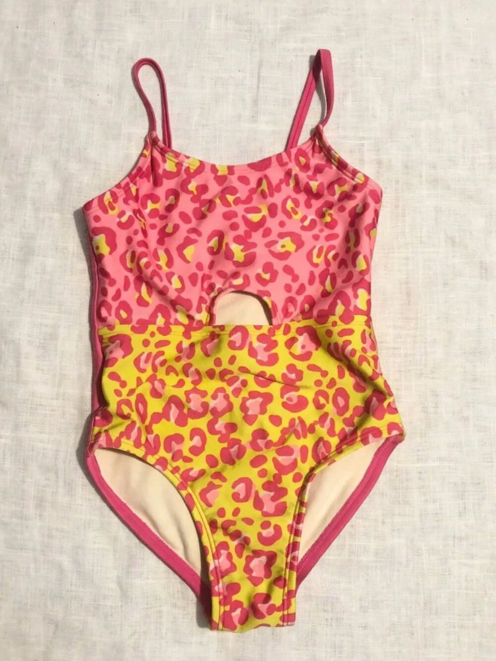 Girls Neon Leopard Swimsuit 4/5 | Pink Yellow Cutout One Piece Bathing Suit